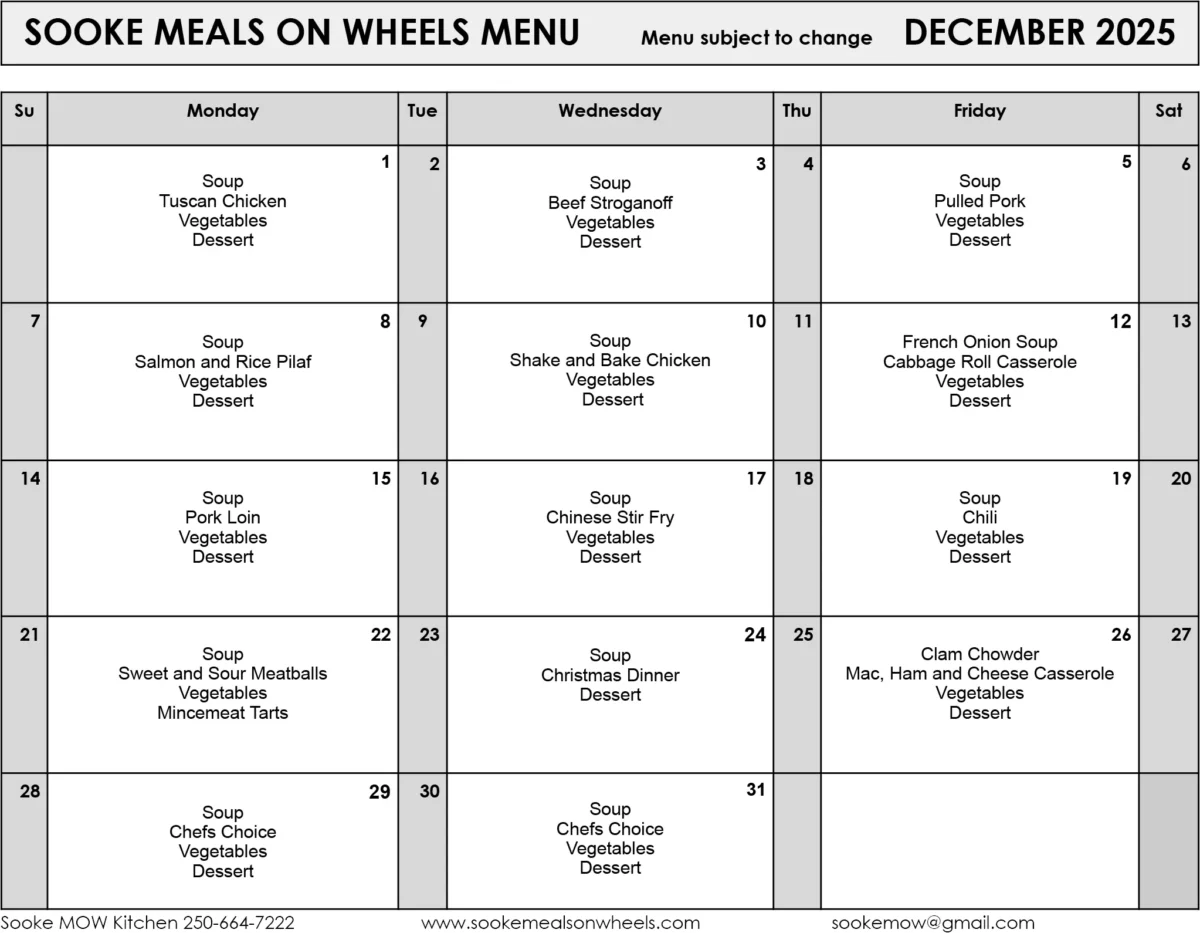 December 2025 Menu — Sooke Meals on Wheels