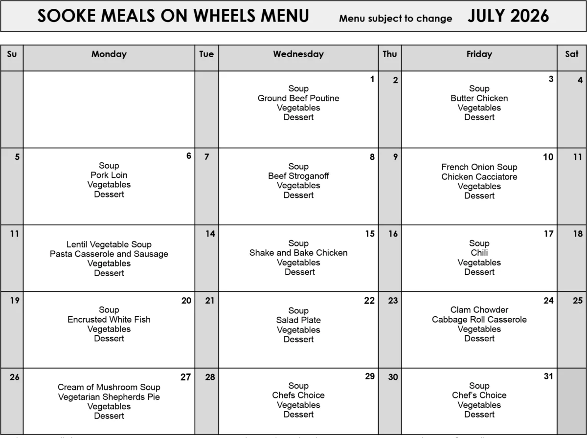 July 2026 Menu — Sooke Meals on Wheels